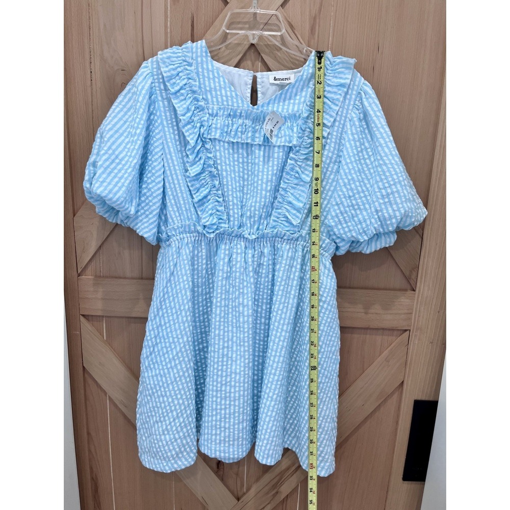 NWT Merci Aqua White Large Smock Ruffle Puff Sleeve Seersucker Dress Coastal - Picture 8 of 8